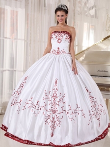 Formal White And Wine Red Quinceanera Dress Strapless Satin Embroidery Ball Gown