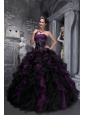 Exclusive Dark Purple and Black Quinceanera Dress Strapless Taffeta and Organza Appliques and Ruffles Ball Gown