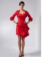 Customize Red Column Sweetheart Mini-length Taffeta Hand Made Flowers Prom Dress
