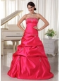 Custom Made Taffeta Coral Red A-line Appliques With Beading Plus Size Prom Dress With Pick-ups