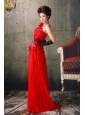 Red One Shoulder Beaded and Hand Made Fowers Prom Dress With Brush Train