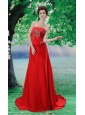 Beading Chiffon A-Line Red Court Train Strapless Prom Dress