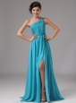 Strapless Chiffon High Slit Aqua Blue Brush / Sweep Prom Dress Ruched