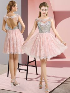 Wonderful Scoop Cap Sleeves Dress for Prom Mini Length Beading Baby Pink Lace