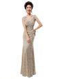 One Shoulder Champagne Zipper Prom Party Dress Beading and Sequins Sleeveless Floor Length