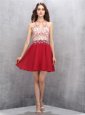 Luxury Scoop Mini Length Red Prom Evening Gown Chiffon Sleeveless Beading