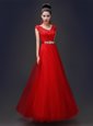 Comfortable Red Lace Up Scoop Beading and Appliques Tulle and Lace Sleeveless