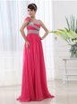 Stunning Chiffon One Shoulder Cap Sleeves Brush Train Side Zipper Beading and Ruching Prom Dress in Hot Pink