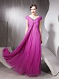 Modern Rose Pink Empire Beading and Ruching Zipper Tulle Cap Sleeves Floor Length
