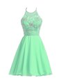 Halter Top Beading Evening Dress Apple Green Zipper Sleeveless Knee Length