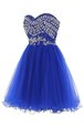 Stunning High-neck Sleeveless Dress for Prom Knee Length Embroidery Navy Blue Tulle